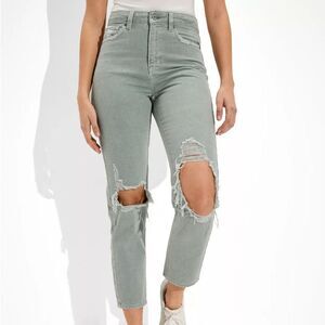 American Eagle High Rise distressed Mom jeans Straight Ankle Sage Green size 2